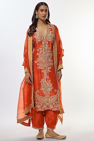 Orange Pure Silk Pearl hand Embroidered Kurta Set by Mrunalini Rao