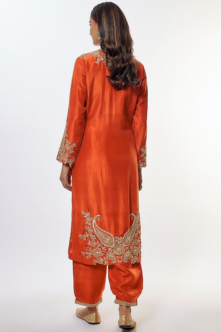 Orange Pure Silk Pearl hand Embroidered Kurta Set by Mrunalini Rao at Pernia's Pop Up Shop