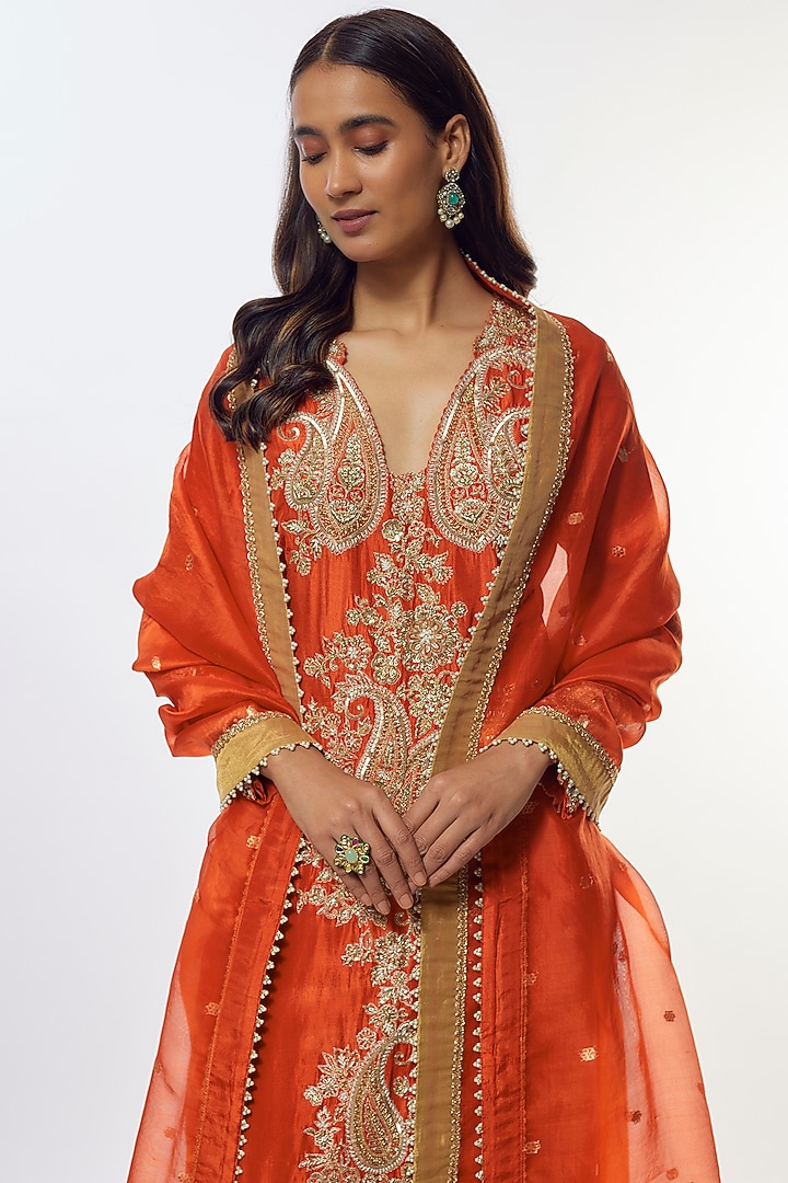 Orange Pure Silk Pearl hand Embroidered Kurta Set by Mrunalini Rao at Pernia's Pop Up Shop