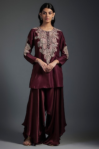 Wine Pure Silk Hand Embroidered Kurta Set by Mrunalini Rao