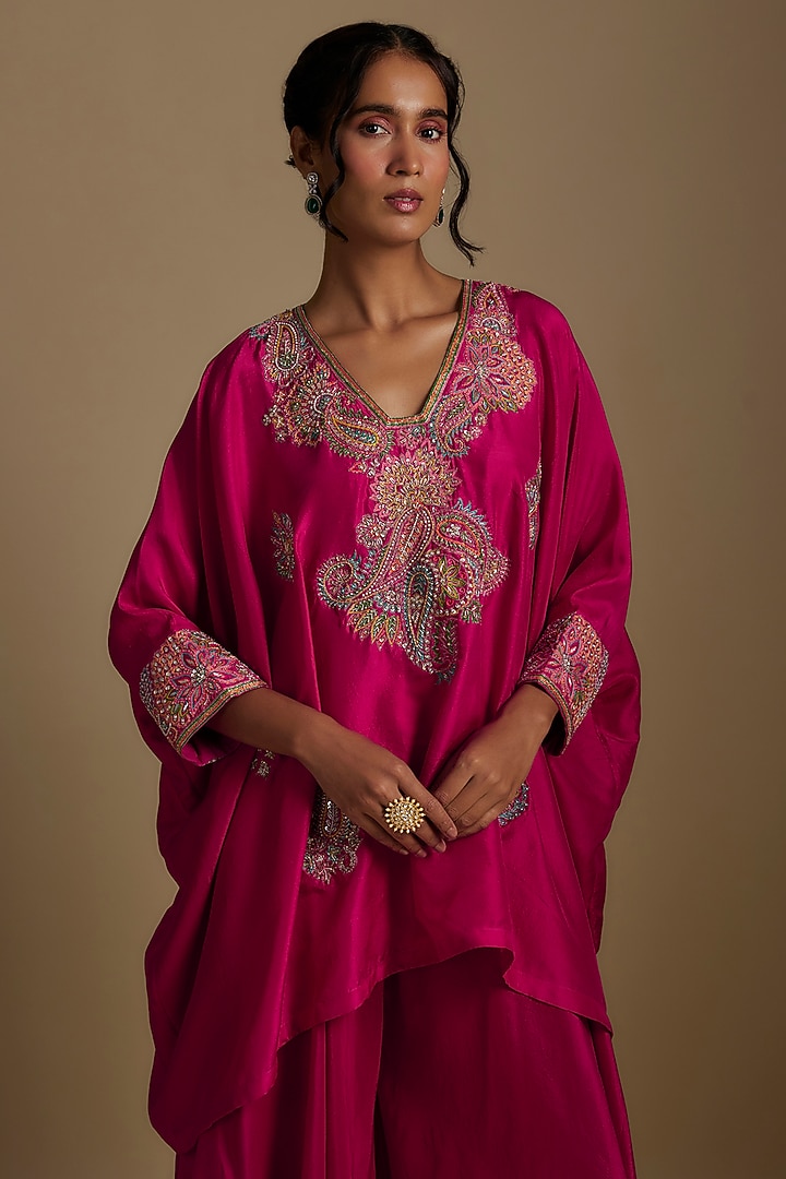 Hot Pink Pure Silk Zardosi Hand Embroidered Kurta Set by Mrunalini Rao at Pernia's Pop Up Shop