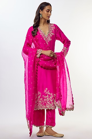 Pink Pure Silk Zardosi Embroidered Kurta Set by Mrunalini Rao