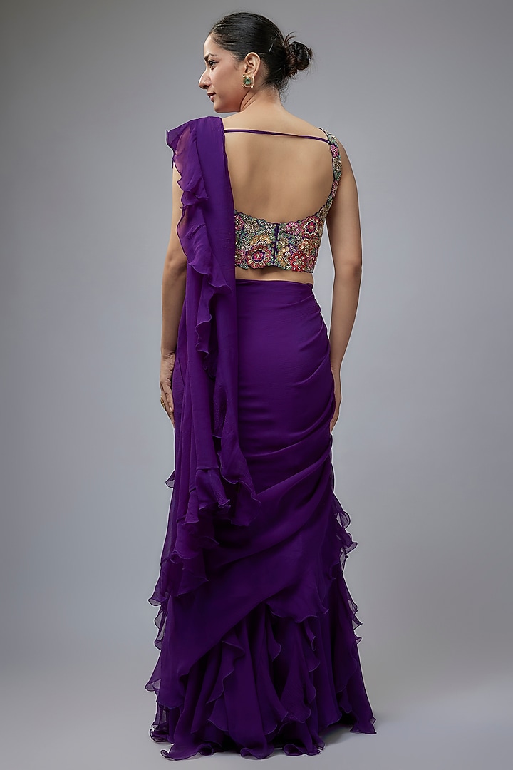 Purple Chiffon Ruffled Reception Saree Set by Mrunalini Rao at Pernia's Pop Up Shop