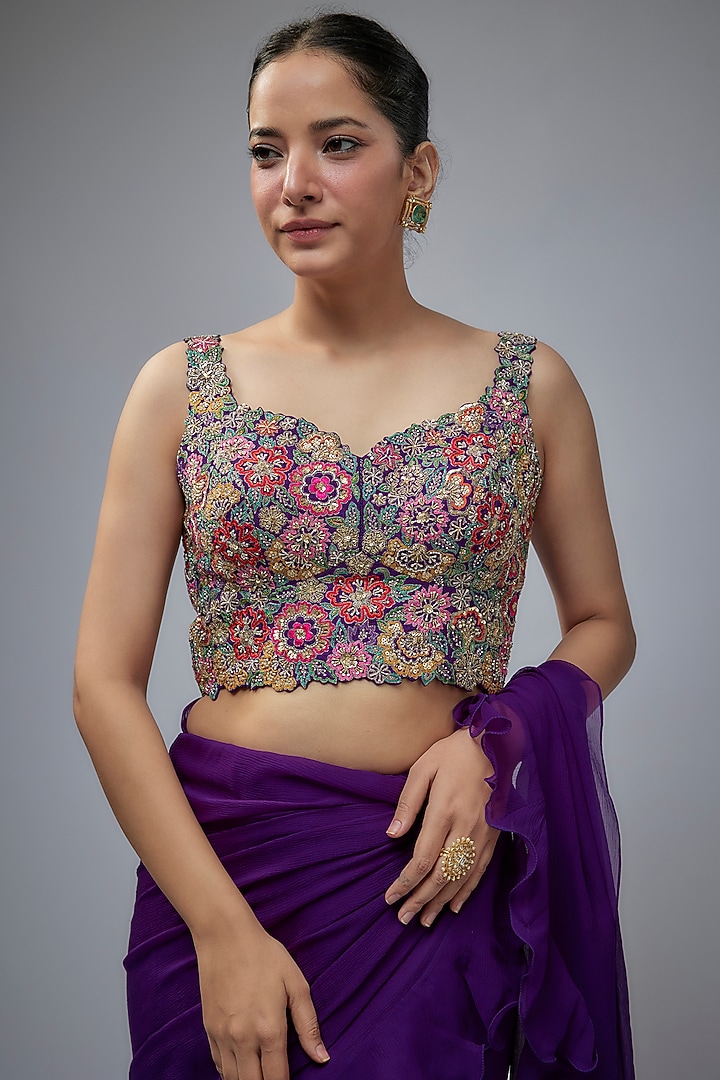 Purple Chiffon Ruffled Reception Saree Set by Mrunalini Rao at Pernia's Pop Up Shop