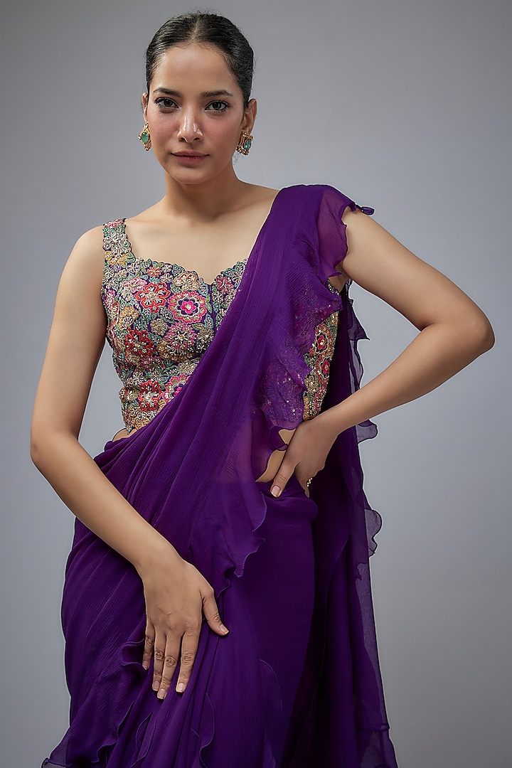 Purple Chiffon Ruffled Reception Saree Set by Mrunalini Rao at Pernia's Pop Up Shop