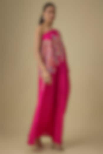 Hot Pink Pure Silk Hand Embroidered One-Shoulder Kaftan by Mrunalini Rao at Pernia's Pop Up Shop