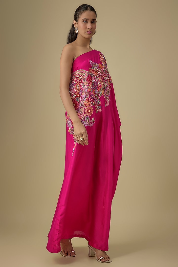 Hot Pink Pure Silk Hand Embroidered One-Shoulder Kaftan by Mrunalini Rao at Pernia's Pop Up Shop