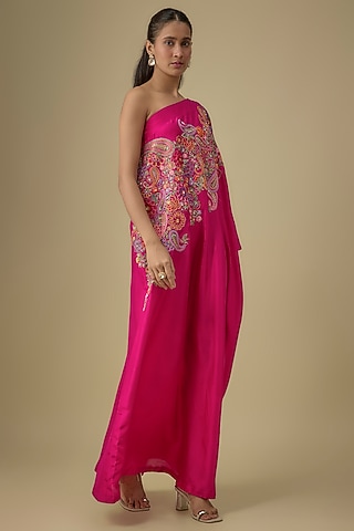 Hot Pink Pure Silk Hand Embroidered One-Shoulder Kaftan by Mrunalini Rao