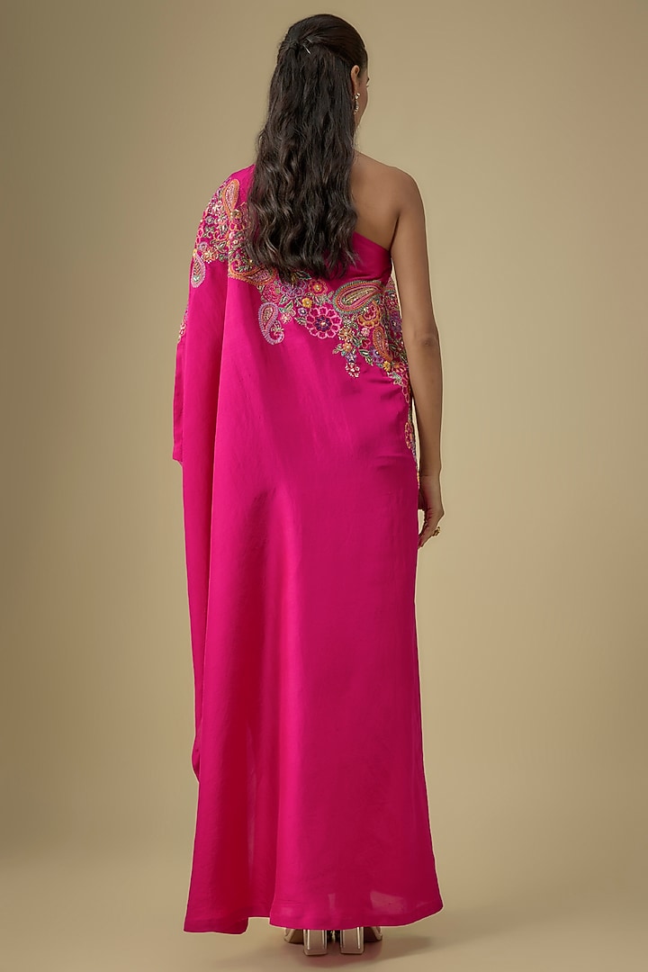 Hot Pink Pure Silk Hand Embroidered One-Shoulder Kaftan by Mrunalini Rao at Pernia's Pop Up Shop