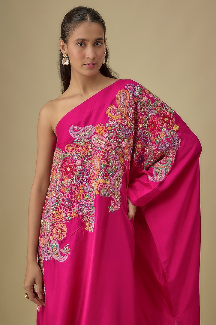 Hot Pink Pure Silk Hand Embroidered One-Shoulder Kaftan by Mrunalini Rao at Pernia's Pop Up Shop