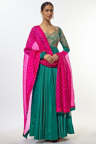 Rama Green Pure Silk Hand Embroidered Anarkali With Dupatta by Mrunalini Rao