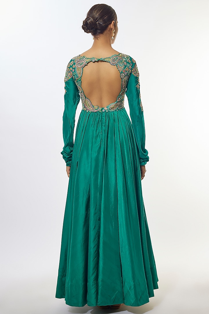 Rama Green Pure Silk Hand Embroidered Bridal Anarkali With Dupatta by Mrunalini Rao at Pernia's Pop Up Shop