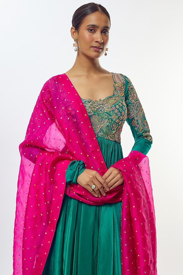 Rama Green Pure Silk Hand Embroidered Bridal Anarkali With Dupatta by Mrunalini Rao at Pernia's Pop Up Shop