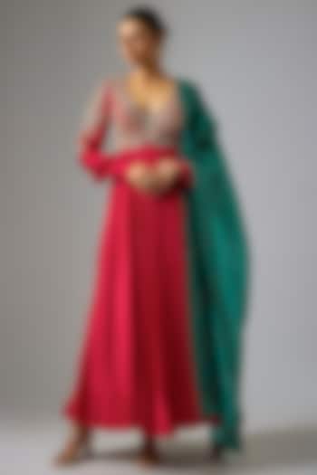 Red Silk Zardosi Hand Embroidered Bridal Anarkali Set by Mrunalini Rao at Pernia's Pop Up Shop