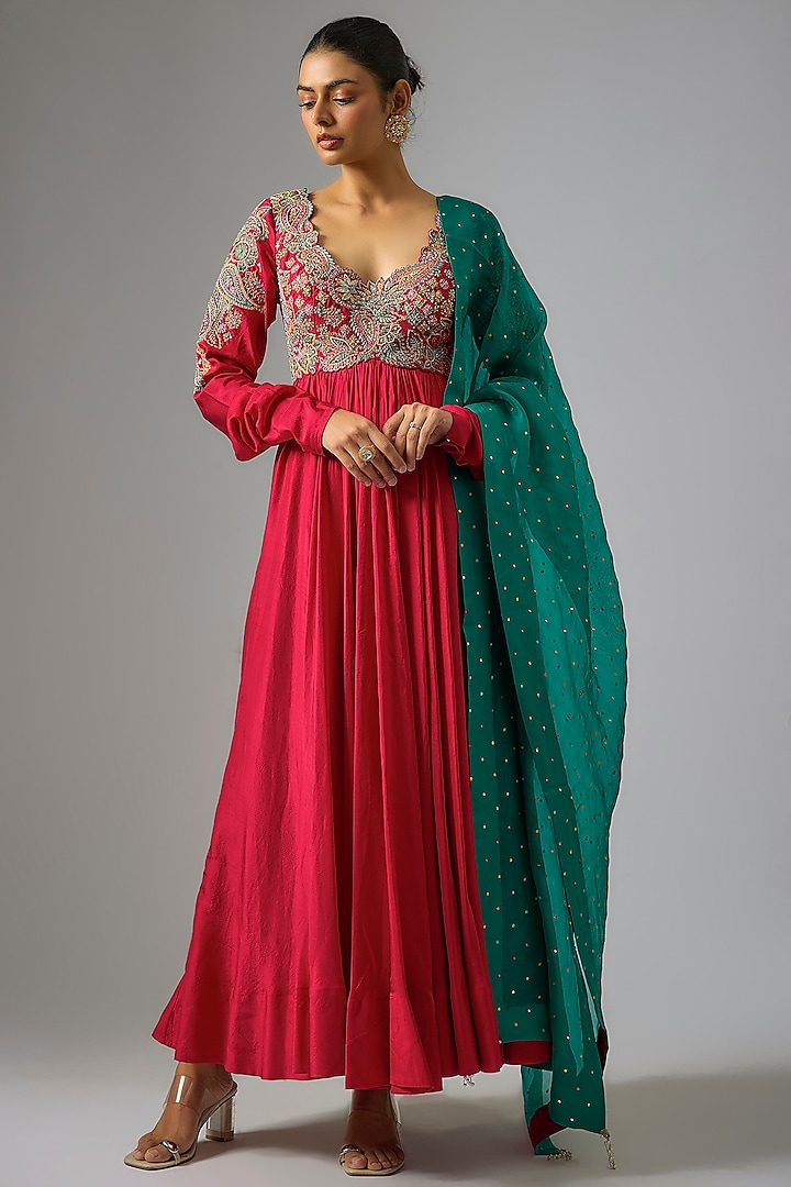 Red Silk Zardosi Hand Embroidered Bridal Anarkali Set by Mrunalini Rao at Pernia's Pop Up Shop