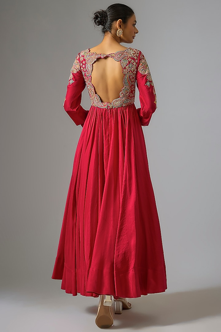 Red Silk Zardosi Hand Embroidered Bridal Anarkali Set by Mrunalini Rao at Pernia's Pop Up Shop