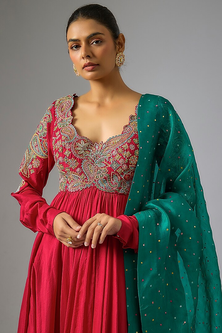 Red Silk Zardosi Hand Embroidered Bridal Anarkali Set by Mrunalini Rao at Pernia's Pop Up Shop