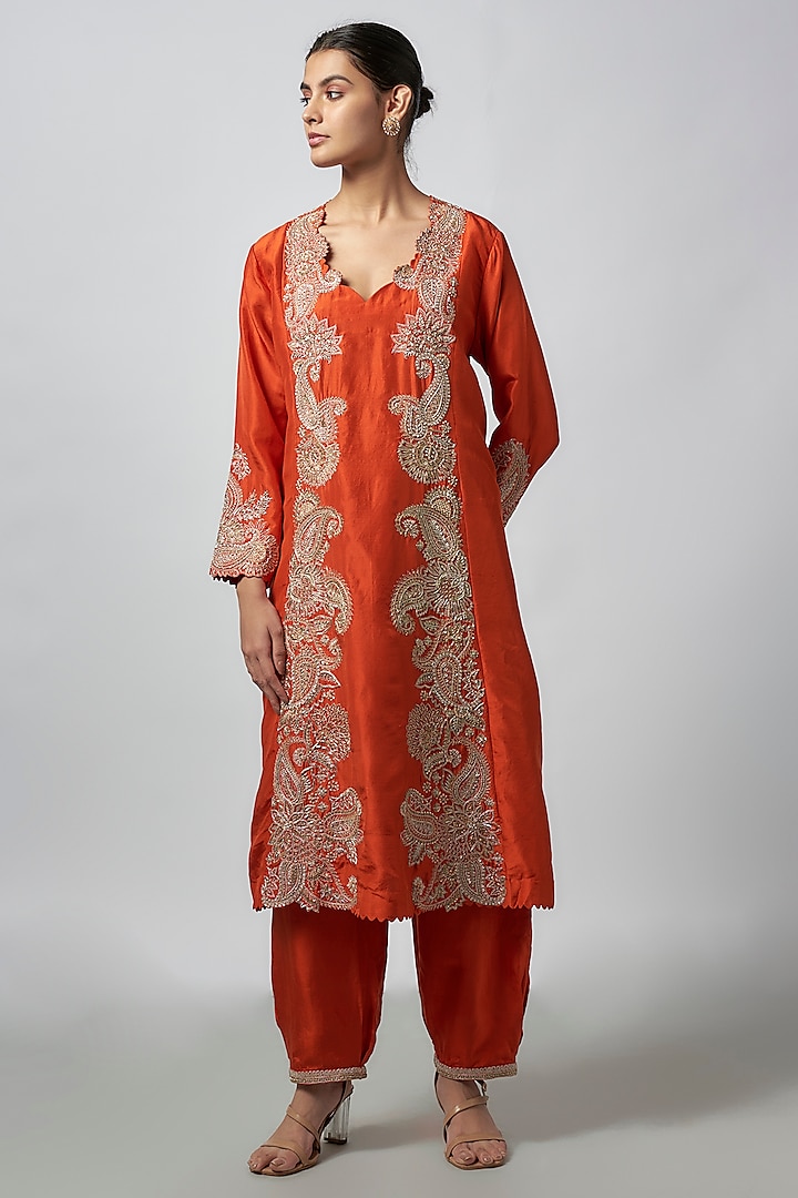 Orange Pure Silk Zardosi Hand Embroidered Panelled A-line Kurta Set by Mrunalini Rao at Pernia's Pop Up Shop