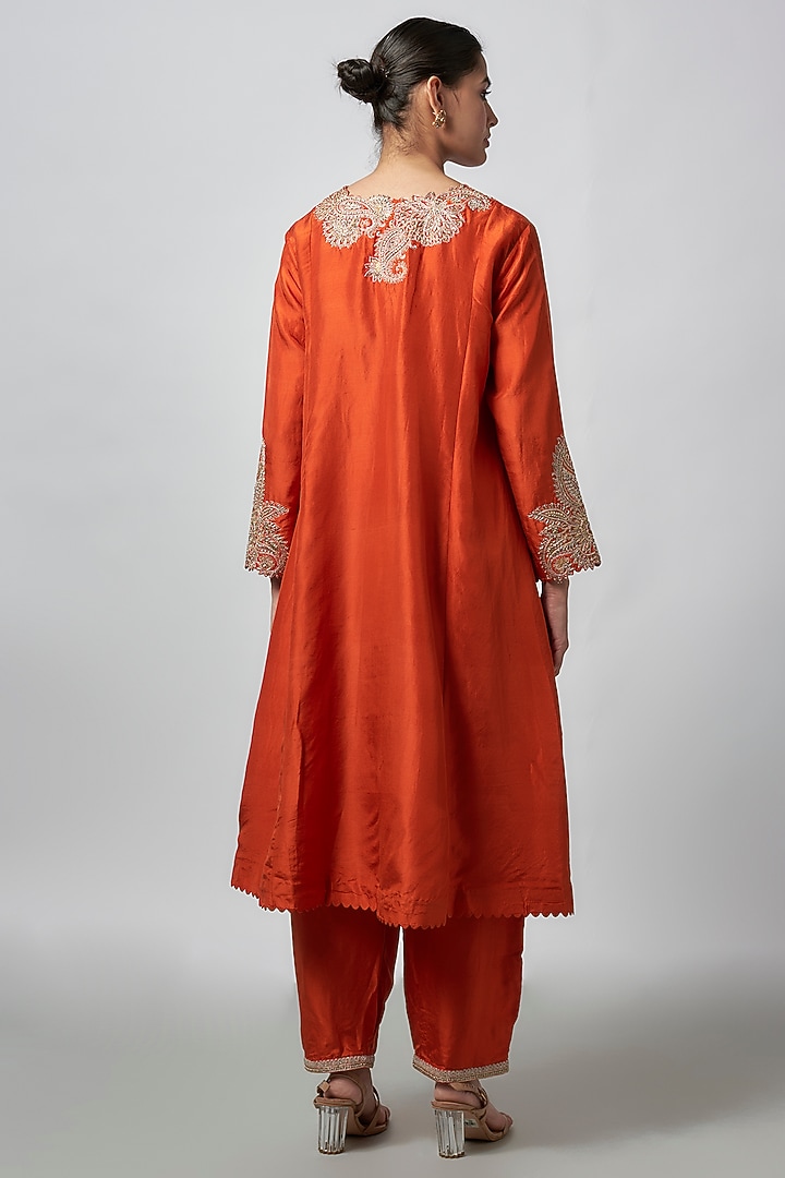 Orange Pure Silk Zardosi Hand Embroidered Panelled A-line Kurta Set by Mrunalini Rao at Pernia's Pop Up Shop