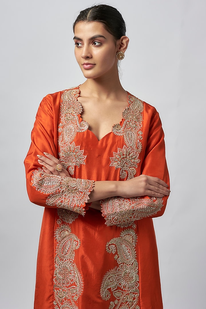 Orange Pure Silk Zardosi Hand Embroidered Panelled A-line Kurta Set by Mrunalini Rao at Pernia's Pop Up Shop
