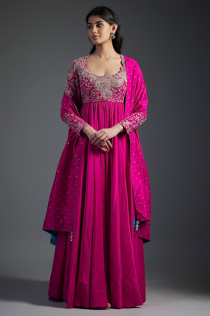 Pink Pure Silk Zardosi Hand Embroidered Ghera Anarkali Set by Mrunalini Rao at Pernia's Pop Up Shop