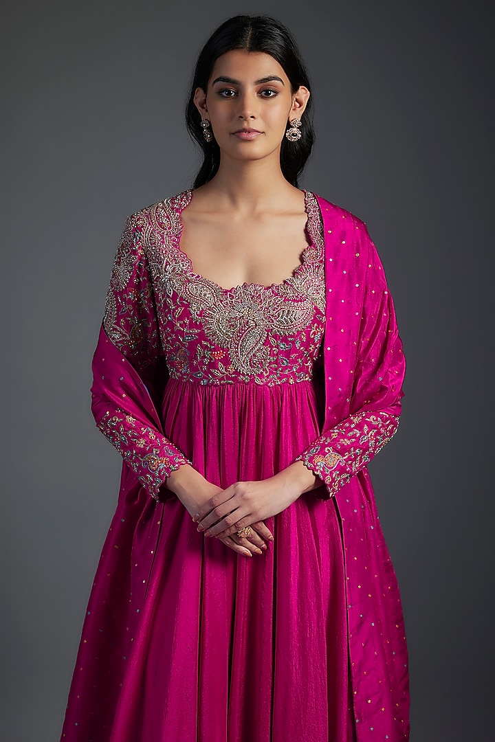 Pink Pure Silk Zardosi Hand Embroidered Ghera Bridal Anarkali Set by Mrunalini Rao at Pernia's Pop Up Shop