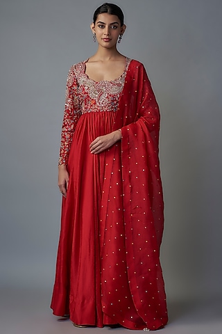 Red Pure Silk Zardosi Hand Embroidered Anarkali Set by Mrunalini Rao