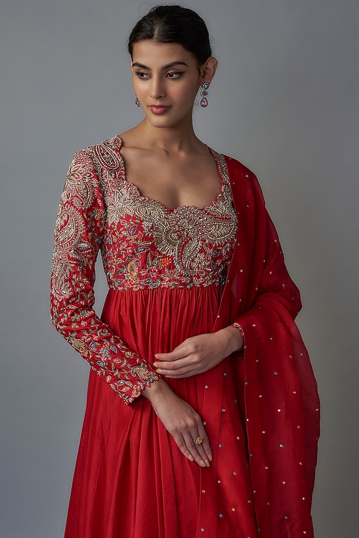Red Pure Silk Zardosi Hand Embroidered Bridal Anarkali Set by Mrunalini Rao at Pernia's Pop Up Shop