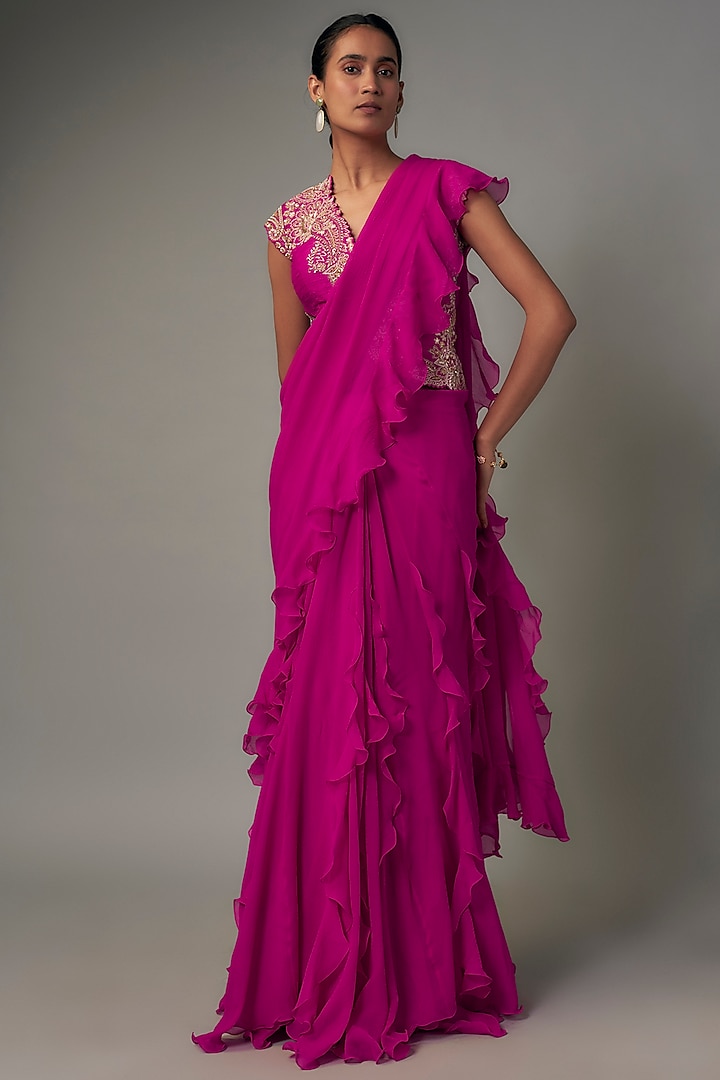 Pink Chiffon Ruffled Saree Set by Mrunalini Rao at Pernia's Pop Up Shop