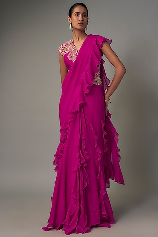 Pink Chiffon Ruffled Saree Set by Mrunalini Rao