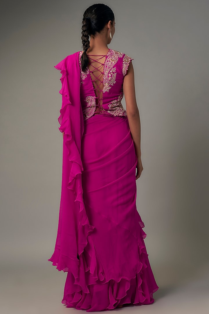 Pink Chiffon Ruffled Reception Saree Set by Mrunalini Rao at Pernia's Pop Up Shop