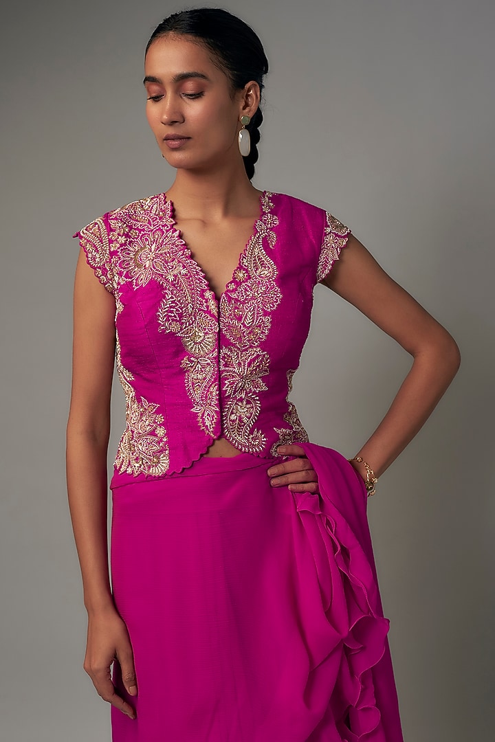 Pink Chiffon Ruffled Reception Saree Set by Mrunalini Rao at Pernia's Pop Up Shop