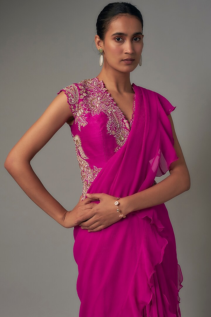 Pink Chiffon Ruffled Reception Saree Set by Mrunalini Rao at Pernia's Pop Up Shop