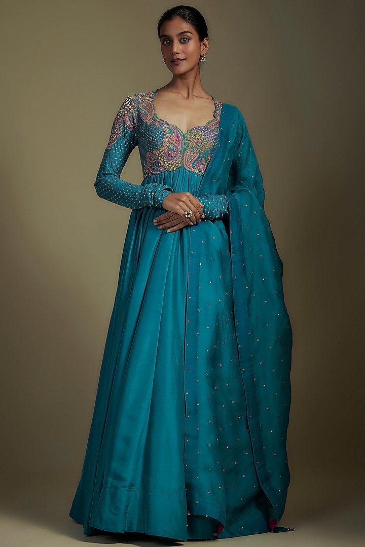 Ananda Blue Pure Silk Resham Embroidered Anarkali Set by Mrunalini Rao at Pernia's Pop Up Shop