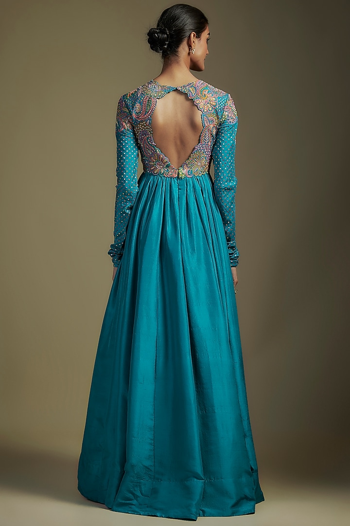 Ananda Blue Pure Silk Resham Embroidered Bridal Anarkali Set by Mrunalini Rao at Pernia's Pop Up Shop