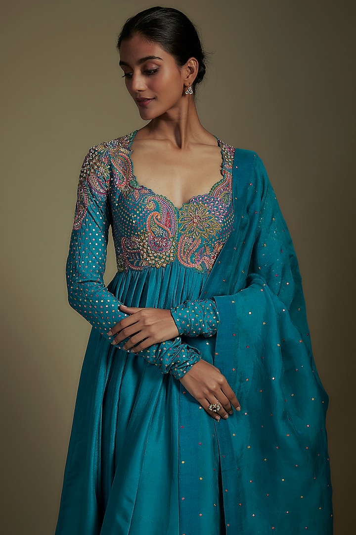Ananda Blue Pure Silk Resham Embroidered Bridal Anarkali Set by Mrunalini Rao at Pernia's Pop Up Shop