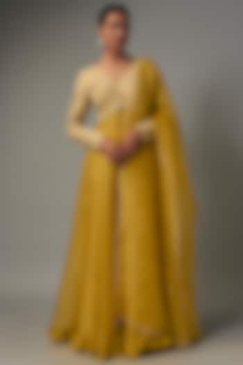 Yellow Pure Silk & Organza Hand Embroidered Anarkali Set by Mrunalini Rao at Pernia's Pop Up Shop