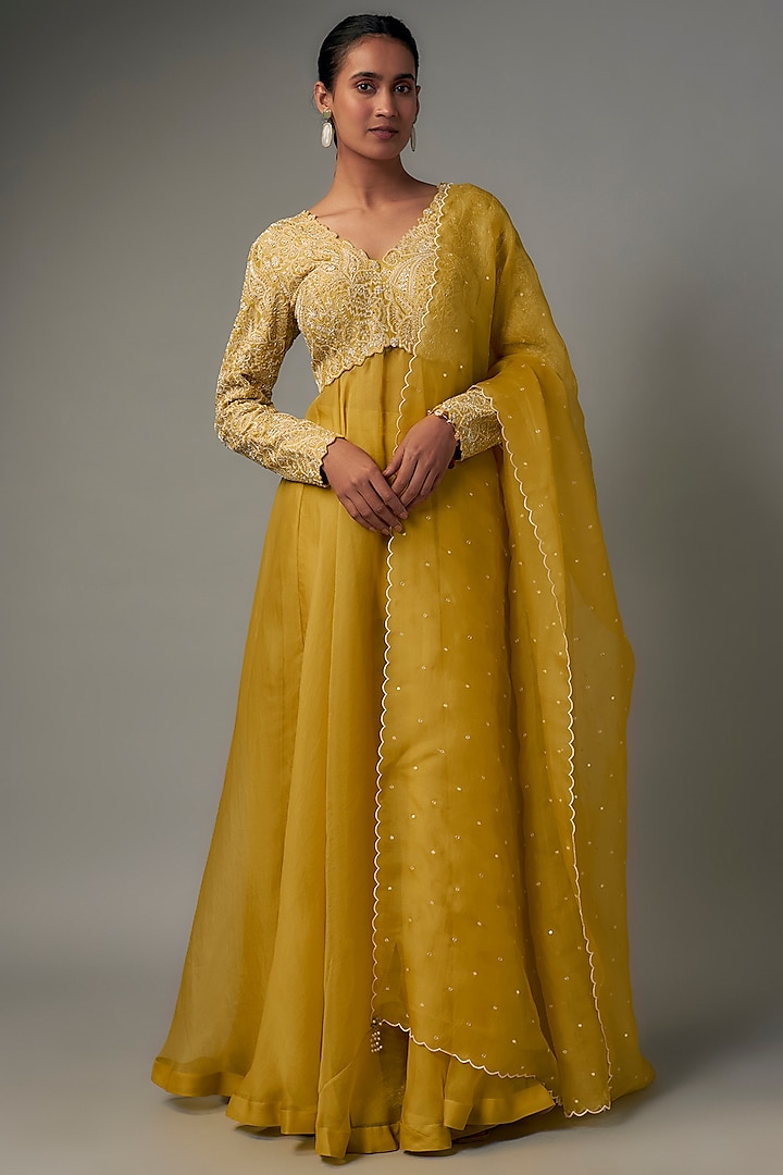 Yellow Pure Silk & Organza Hand Embroidered Anarkali Set by Mrunalini Rao at Pernia's Pop Up Shop