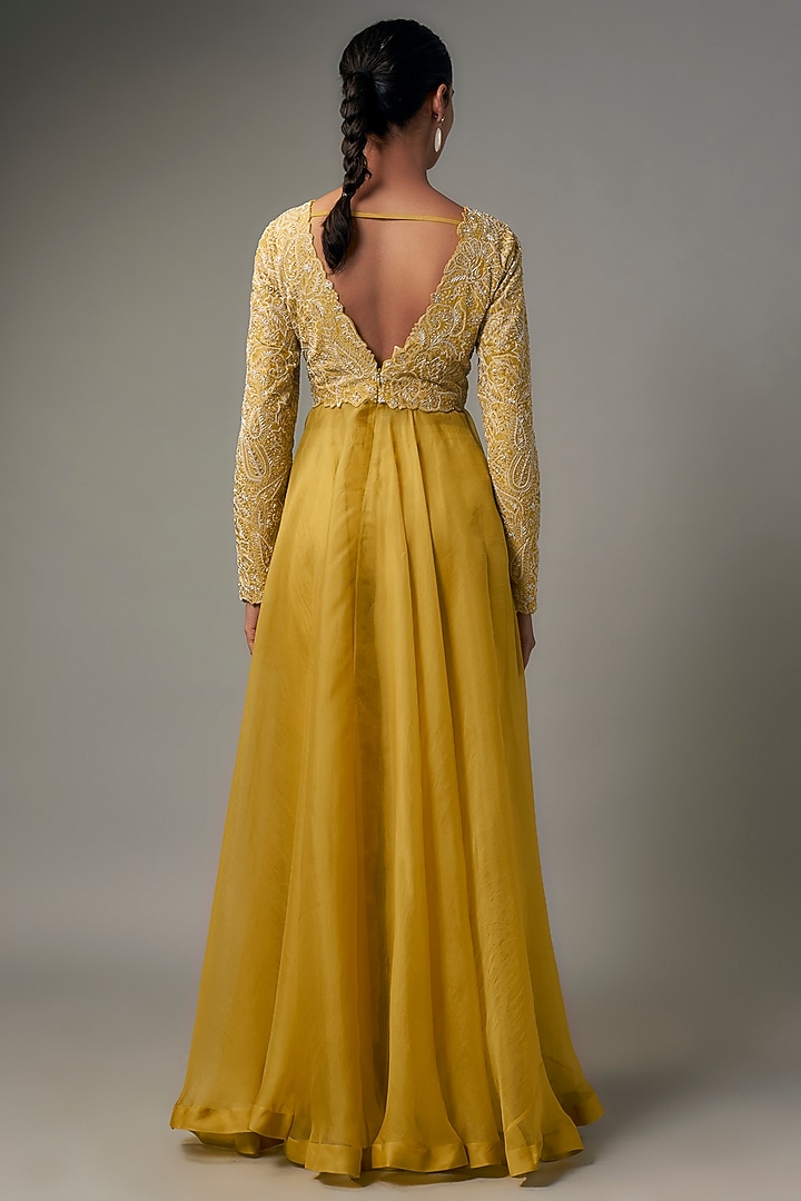 Yellow Pure Silk & Organza Hand Embroidered Bridal Anarkali Set by Mrunalini Rao at Pernia's Pop Up Shop