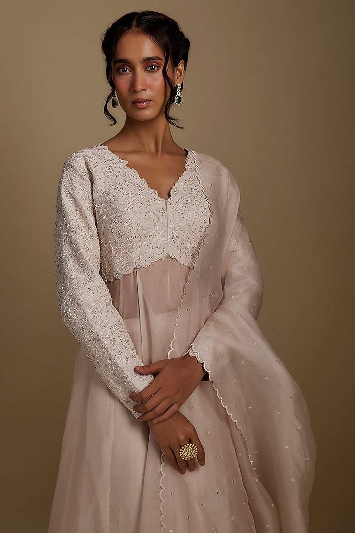 Ivory Pure Silk Zardosi Hand Embroidered Bridal Anarkali Set by Mrunalini Rao at Pernia's Pop Up Shop