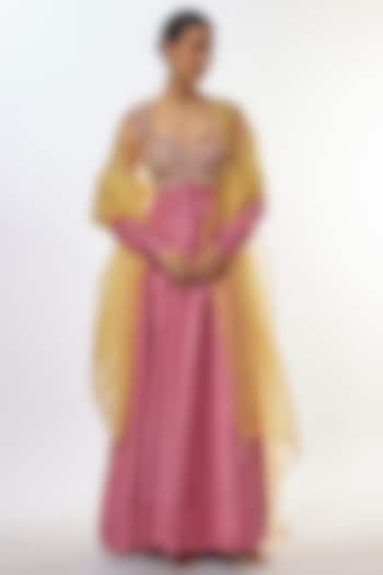 Pink Pure Silk & Raw Silk Hand Embroidered Anarkali With Dupatta by Mrunalini Rao at Pernia's Pop Up Shop