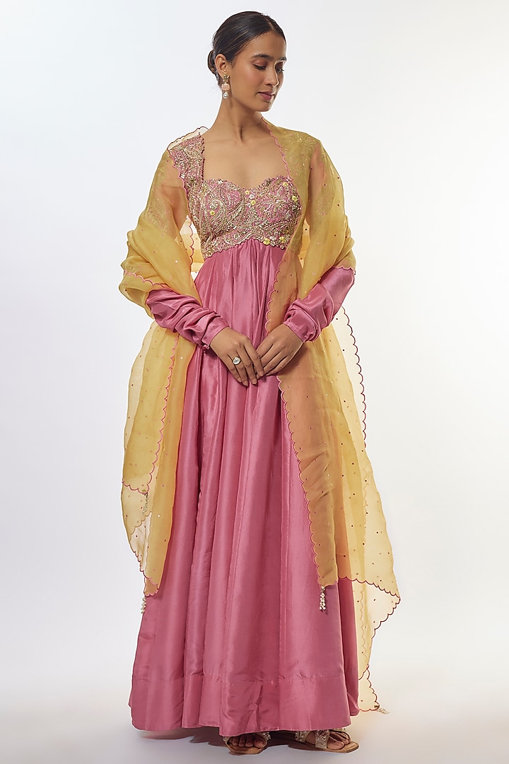 Pink Pure Silk & Raw Silk Hand Embroidered Anarkali With Dupatta by Mrunalini Rao at Pernia's Pop Up Shop