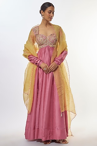 Pink Pure Silk & Raw Silk Hand Embroidered Anarkali With Dupatta by Mrunalini Rao