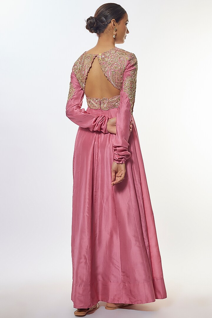 Pink Pure Silk & Raw Silk Hand Embroidered Bridal Anarkali With Dupatta by Mrunalini Rao at Pernia's Pop Up Shop