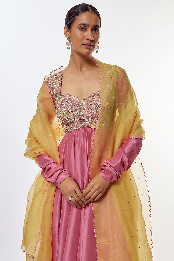 Pink Pure Silk & Raw Silk Hand Embroidered Bridal Anarkali With Dupatta by Mrunalini Rao at Pernia's Pop Up Shop