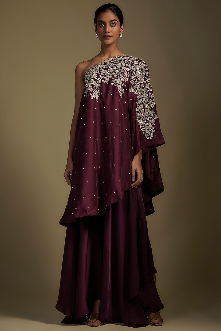 Wine Pure Silk Zardosi Embroidered One-Shoulder Kaftan Set by Mrunalini Rao at Pernia's Pop Up Shop