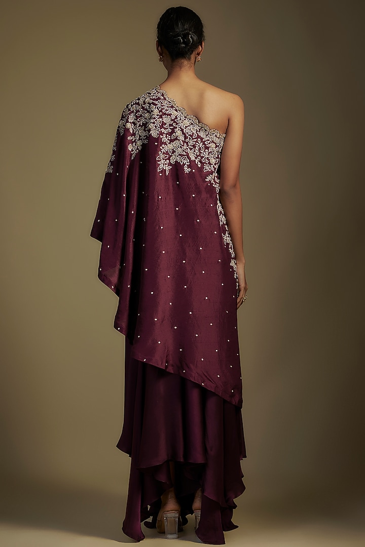 Wine Pure Silk Zardosi Embroidered One-Shoulder Kaftan Set by Mrunalini Rao at Pernia's Pop Up Shop