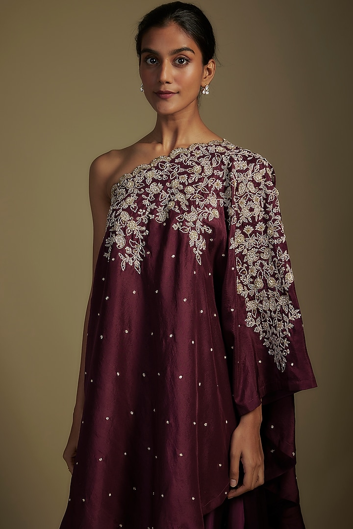 Wine Pure Silk Zardosi Embroidered One-Shoulder Kaftan Set by Mrunalini Rao at Pernia's Pop Up Shop