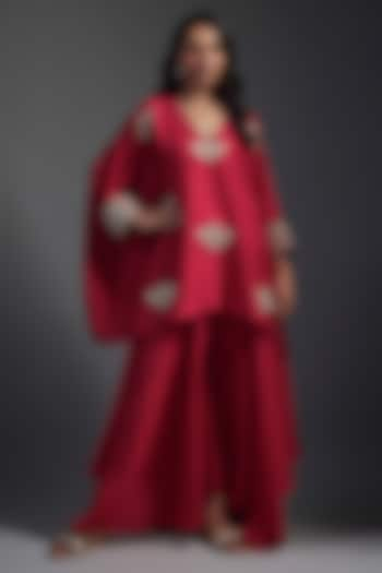 Red Pure Silk Zardosi Hand Embroidered Short Kurta Set by Mrunalini Rao at Pernia's Pop Up Shop