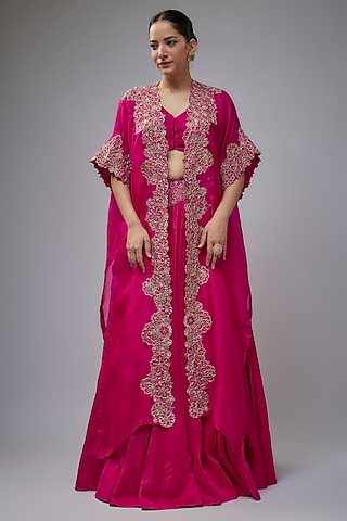 Hot Pink Cape Organza Cape Set by Mrunalini Rao